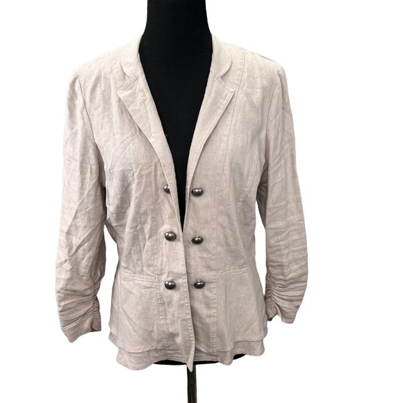 Vanity Linen Blend Blazer Jacket size L Beige Open Front Ruched Sleeve Peplum - Picture 1 of 8